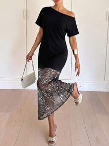 Elegantrix Plus Size Women Spring Summer Sequin Fabric Patchwork Asymmetric Collar Casual Commute Dress - Black - View 7