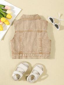 SHEIN Elladie kids 女童日常休閒卡其色梭織牛仔背心，翻領無袖前扣式破洞做舊短版背心，適合戶外穿著 - 卡其色 - 查看 2