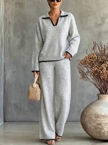 SHEIN Autumn Winter Grey Knit 2 Pieces Set, Black Contrast Trim Small Polo Neck, Versatile For Inner - Grey - View 7