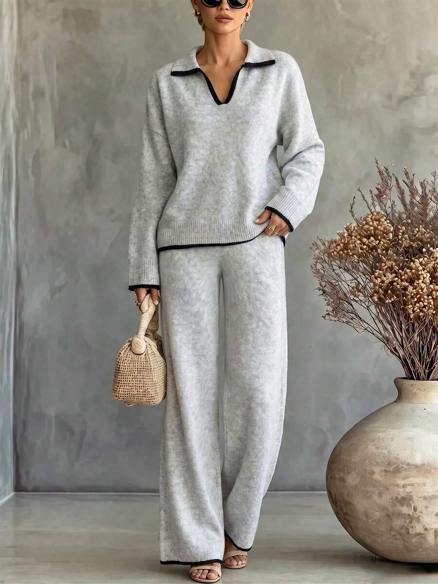 SHEIN Autumn Winter Grey Knit 2 Pieces Set, Black Contrast Trim Small Polo Neck, Versatile For Inner - Grey - View 1