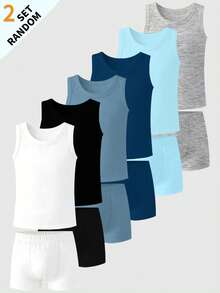 Random 2pcs Tween Boys Simple All-Over Spider Print Pattern Comfortable Sleeveless Tank Top & Square Leg Briefs 4-Set Underwear Set - Multicolor - View 5