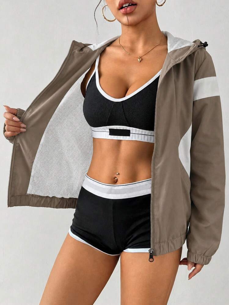 Exploreva Women's Colorblock Long Sleeve Zip-Up Hooded Drawstring Sports Jacket,Trail Run Outfit - Flint Stone - View 7