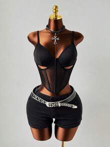 Flirla Plus Size Women's Sexy Mesh Patchwork Hollow Out Bustier Crop Top For Casual OutingsValentine's Day - Black - View 4