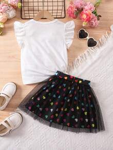 Elladie kids Young Girl Portrait Print Ruffle Trim Top And Mesh Overlay Skirt Set - Multicolor - View 2