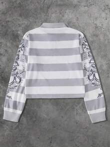 ROMWE MEN Street Life Street Casual Long Sleeve Half-Zip Sweatshirt, Fashion Striped Angel Print, Y2K Style - Grey - View 2