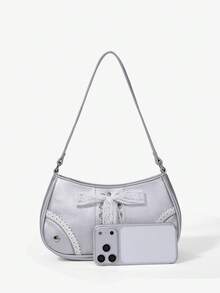 Viva Strut Ladies Bag, Silver Y2k Lace Decoration Cute Girl Rivet Design, Shoulder Bag, Sweet And Cool Babes, Suitable For Shopping, Teenagers, - Silver - View 4
