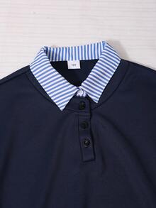 女童海軍藍 2 合 1 條紋 Polo 領半扣長袖運動衫 + 直筒寬腿褲 2 件式休閒套裝，學院風拼色運動服，適合日常上學、外出與校園休閒穿著 - 藏蓝色 - 查看 4