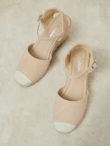 Styleloop Sandalias de tacón alto para mujer con tiras cruzadas de goma y cuerda de paja - Albaricoque - Ver 5