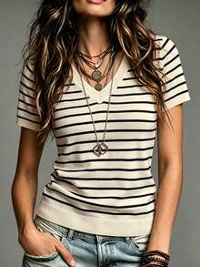 SHEIN Women's Striped Knit Elastic Digital Print Short Sleeve V-Neck Regular Fit Casual Top T-Shirt For Home And Daily Wear, Summer And Autumn - Multicolor - View 1