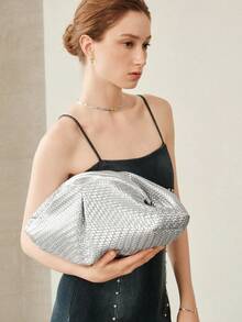 MOTF WOMEN'S FASHION PLEATED CLUTCH BAG, EXQUISITE SIMPLE SILVER WOVEN PATTERN PU BAG, FOR DAILY, DATING, VACATION, SHOPPING, COMMUTING - Silver - View 5