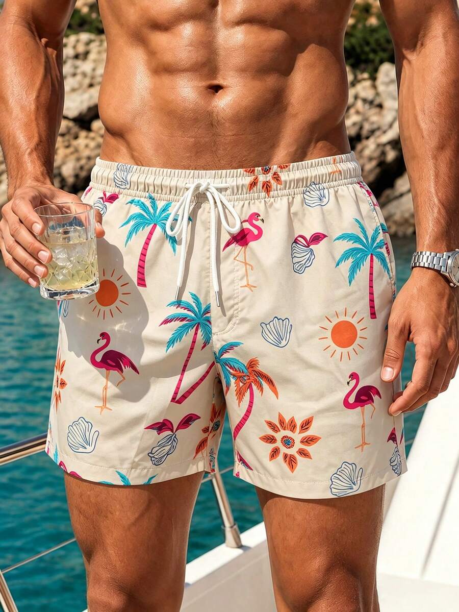 Naviga Onda Celana Pendek Pantai Kasual Pria dengan Tali Serut dan Motif Pohon Palem & Flamingo, Warna Beige, Gaya Boho Musim Panas, Celana Renang untuk Liburan di Hawaii, Tropis - Khaki - View 1