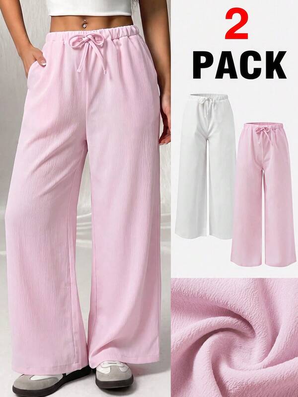 SHEIN Girlism Pantalones largos casuales holgados con cordón para adolescentes tejidos en negro & caqui