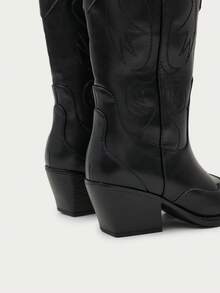 Nöista Classic Western Boot With Embroidered Detailing, Pointed Toe, Side Zip Closure And Stacked Block Heel For All-Day Wear. Fall Boots - Black - View 4