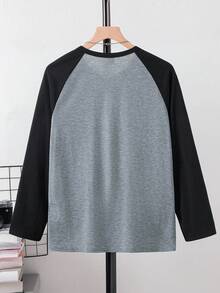 SHEIN Teen Boy Teen Boy Casual Black And Gray Color-Blocked Half-Open Pullover Long-Sleeved T-Shirt - Multicolor - View 4