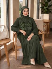 Reflora Plus Size Vacation Fashion Lace Patchwork Flared Cuff Button Dress Fall - Green - View 3