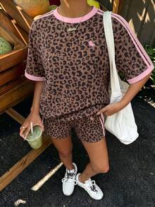 Muchica 女款夏季字母與檸檬印花圓領短袖T恤搭配條紋短褲休閒兩件套 - 彩色 - 查看 4