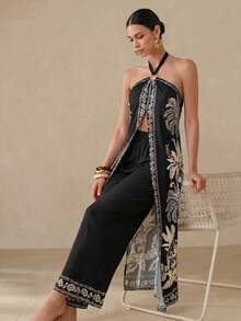 Swim Oasis Vacation Minimalist Tropical European American Print 2 Pieces Set Halter Neck Sleeveless Long Top Casual Loose Long Pants Beach Black Beige Summer - Black - View 3