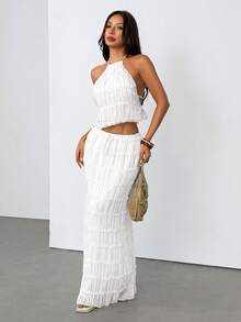 SHEIN PETITE Women's Solid Color Pleated Halter Neck Tank Top And Skirt Fashion 2-Piece Set - White - View 4