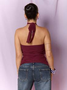 Dania Mndz Shop Women's Elegant Multi-Layer Ruffle Trim Stand Collar Fitted Tank Top Casual Summer - Burgundy - View 2