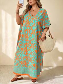 SHEIN CURVE+ Plus Size Women's Printed Loose Fit Versatile Casual Boho Vacation Beach Short-Sleeve Dress Orange Summer - Multicolor - View 3