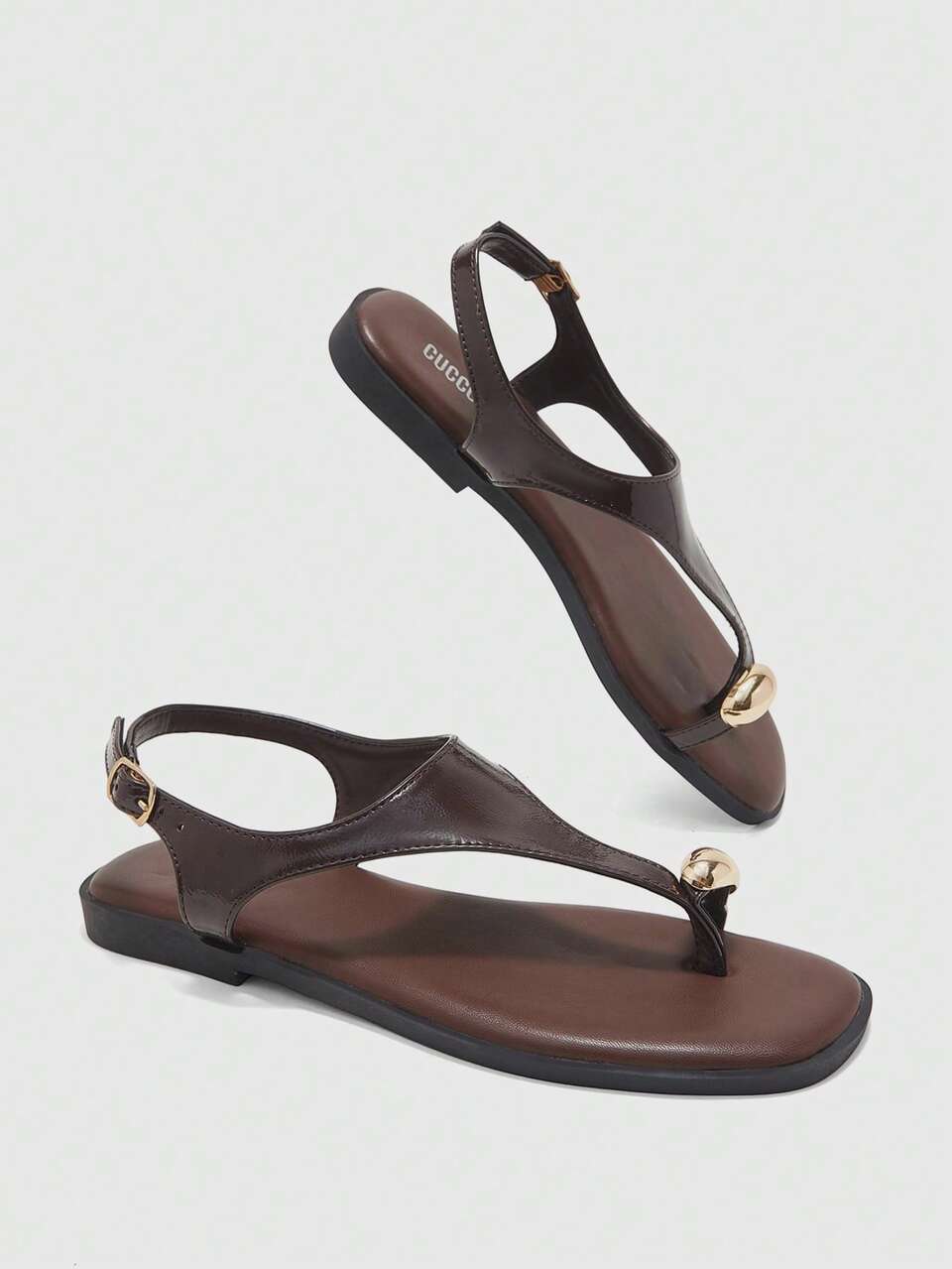 CUCCOO BIZCHIC Women's Fashion Metal Bead Buckle T-Strap Back Strap Square Toe Vintage Shiny Patent Leather Dark Brown Thong Sandals For Commute, Beach And Vacation