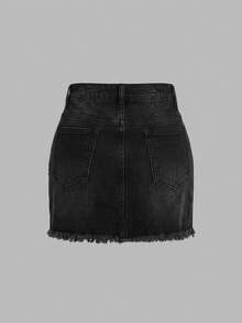 SHEIN EZwear 大尺碼女款休閒百搭牛仔迷你裙，附口袋、鈕扣與做舊設計，適合日常穿著 - 黑色 - 查看 2