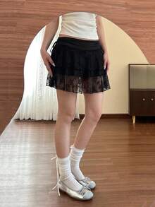 SHEIN MOD 大码女式黑色蕾丝抽绳腰迷你裙，新年、狂欢节、千禧年、性感裙子、西部风、乡村风、情人节 - 黑色 - 查看 3