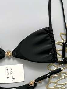 Swim Mod Conjunto de bikini de mujer de unicolor con tirantes finos y decoración metálica para primavera/verano - Negro - Ver 7