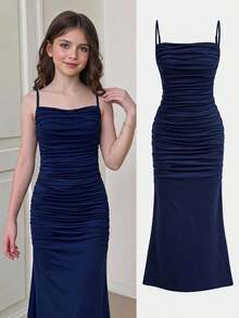 Girlism Tween Girls Summer Royal Kids Blue Solid Color Knit Hem Elegant Spaghetti Strap Ruched Dress, Graduation Dresses - Royal Blue - View 1