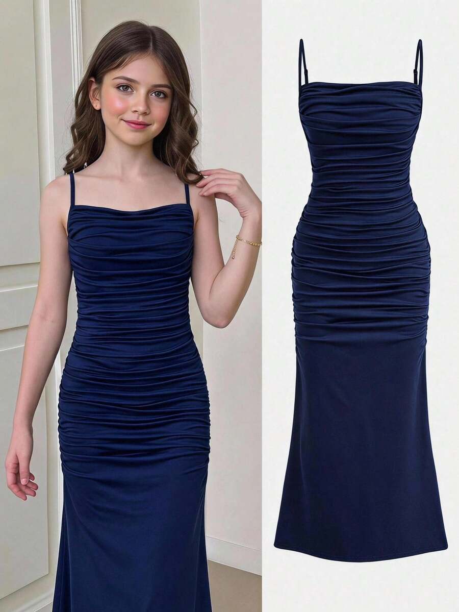 Girlism Tween Girls Summer Royal Kids Blue Solid Color Knit Hem Elegant Spaghetti Strap Ruched Dress, Graduation Dresses - Royal Blue - View 1