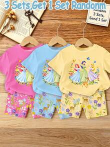 Randomly Ships 1 Of 6,Cute, Sweet, And Elegant Cartoon Princess Floral Bow Print Round Neck Short-Sleeved T-Shirt And Casual, Comfortable Slim-Fit Sho - Multicolor - View 1