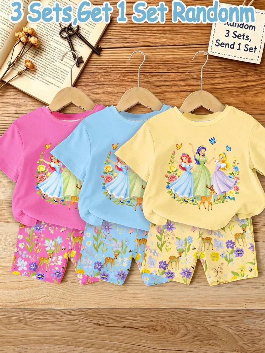 Randomly Ships 1 Of 6,Cute, Sweet, And Elegant Cartoon Princess Floral Bow Print Round Neck Short-Sleeved T-Shirt And Casual, Comfortable Slim-Fit Sho - Multicolor - View 1