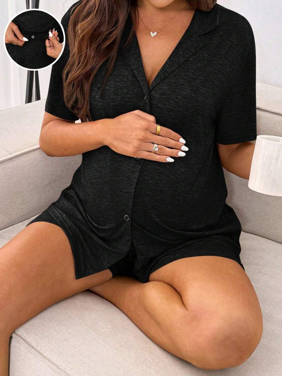 Slowluna Maternity Solid Color V-Neck Top And Adjustable Waist Shorts Casual Daily Two Pieces Set - Black - View 1
