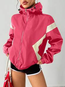 Exploreva Chaqueta deportiva casual holgada con capucha y cremallera de colores contrastantes - Rosa - Ver 4