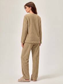 RueChic Women Crew Neck Long Sleeve Graphic Detail Casual Loungewear Set - Camel - View 2