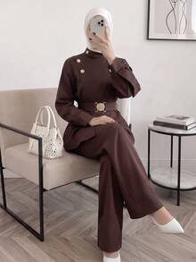 Solavon Women's Button Design Long Sleeve Top And Pants Arabic Outfit Set - Coffee Brown - View 4