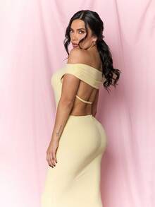 Dania Mndz Shop White Wedding Season Backless Ruched Off Shoulder Bodycon Dress For Women,Summer Dresses ,Party Yellow Guest Elegant - Yellow - View 5