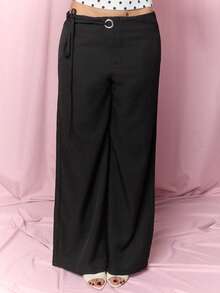 Dania Mndz Shop Women's Casual Plain Grey Wide-Leg Relaxed Fit Trousers With Drawstring & Mesh Panel Decoration, Versatile For & Commute ,Business Woman Black - Black - View 4