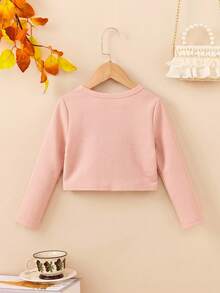 SHEIN Young Girl Solid Color Knitted Cardigan Long Sleeve Jacket - Baby Pink - View 3