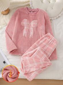 Teen Girls Pink Plush Top With Bow Embroidery Pattern And Plaid Thickened Comfortable Long Sleeve Pants Set Fleece-Lined Autumn Prom Cute Katseye - Pink - View 3