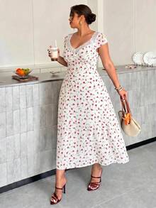 Firerie Plus Size Summer Casual Ditsy Floral Contrast Lace Heart Neck Dress - Apricot - View 3