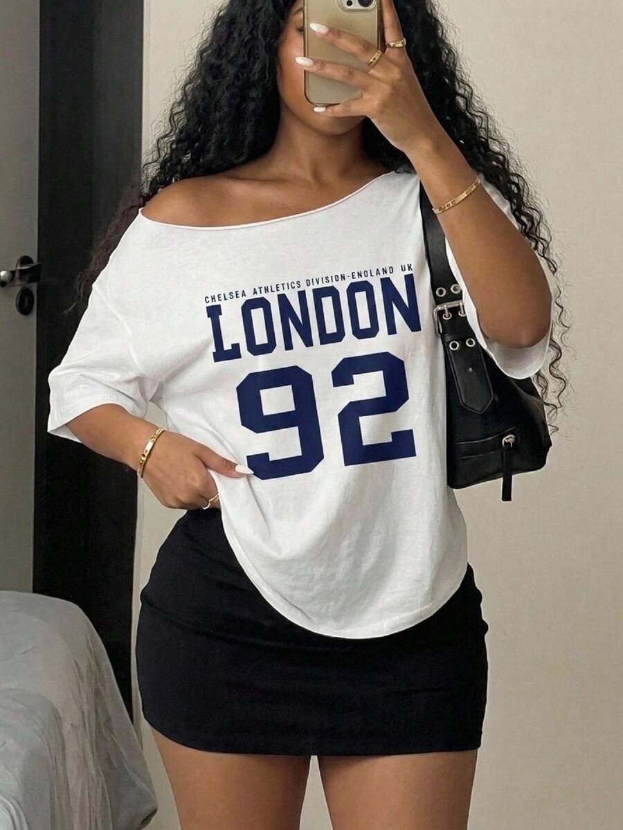 Fiercella Fiercella 1件女款大尺寸街頭風休閒露肩寬鬆斜肩T恤，London 92印花圖案上衣，海軍藍配色白色，適合校園夏季穿搭 - 白色 - 查看 1