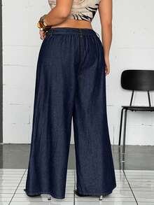 Jeanoix Calça Denim Perna Larga Casual Tradicional Lavada com Cinto Plus Size Azul Marinho Formal Brunch Verão - Lavagem escura - Visão 2