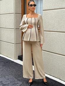 MaterniWear Setelan Kasual Sehari-hari untuk Ibu Hamil: Atasan Lengan Panjang Colorblock dan Celana Panjang dengan Pinggang yang Dapat Diatur, Cocok untuk Musim Gugur. - Khaki - View 8