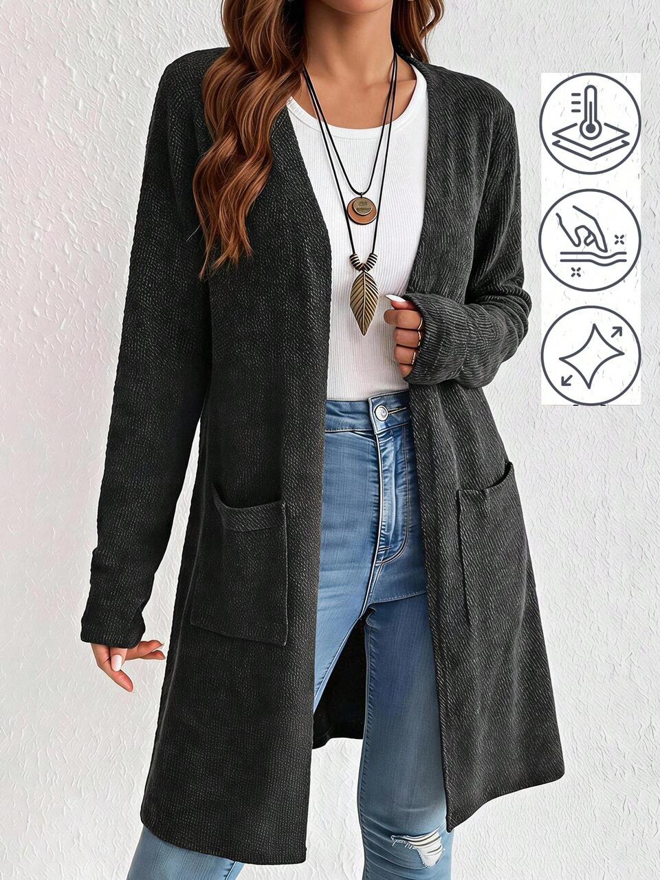 Plus Size Women's Solid Color Long Sleeve Open Front Casual Jacket Fall Winter 2026 Fall Outfits Versatile Cardigan Black Casual Jacket