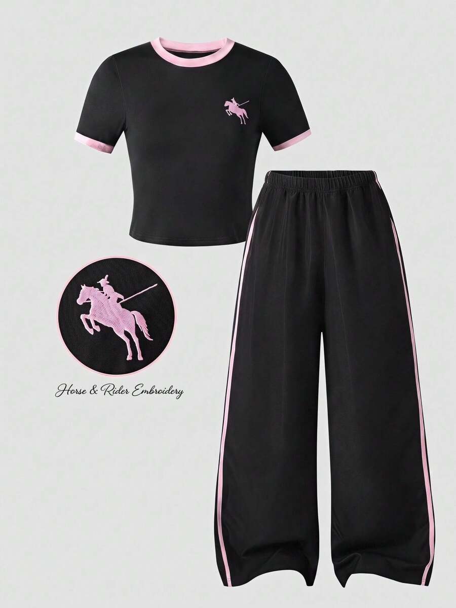 SHEIN Casuvi Kids 2件組青少年短袖上衣與長褲套裝,蝴蝶結緞帶粉色,適合春夏,運動與通勤穿著 - 彩色 - 查看 1