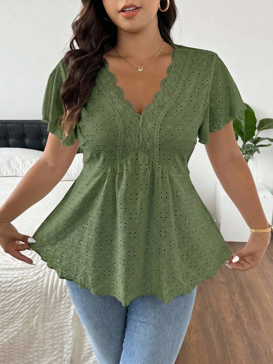 SHEIN Frenchy Plus Size Sage Green Floral A-Line V-Neck Lace Patchwork Textured Women's T-Shirt Birthday Summer Elegant