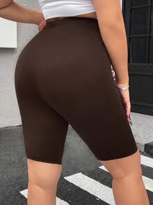 SHEIN EZwear 2件組大尺碼酷感面料系列黑色高腰緊身短褲，春夏服飾 - 棕色 - 查看 3