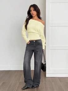 SHEIN PETITE كنزة صوفية فضفاضة بتصميم زهور ثلاثية الأبعاد وكتف غير متماثل باللون البيج، رومانسية للخريف/الشتاء - أصفر فاتح - مشاهدة 5