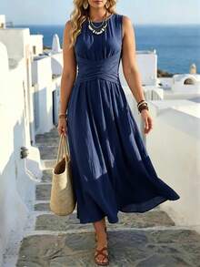 SHEIN LUNE CURVE 大尺碼女款休閒圓領藍色無袖A字洋裝，後背拉鍊，交叉腰部設計，極簡優雅風格，適合日常穿著、下午茶、休閒聚會與輕商務通勤 - 藏蓝色 - 查看 3